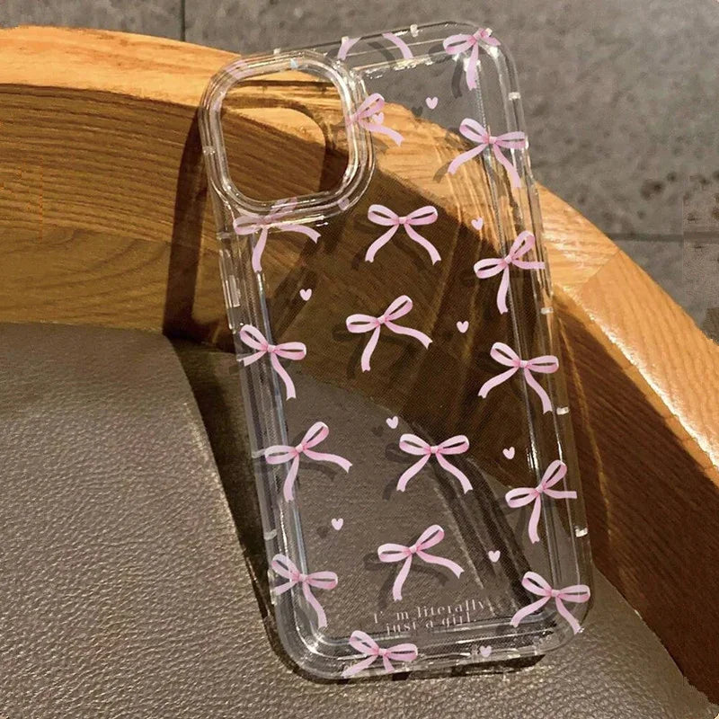 Cute Pink Heart Bow Case for Iphone 16 15 14 13 12 11 Pro Max 13 12Mini XS XR 7 8Plus SE 2022 Shockproof Soft Clear Cases Coque